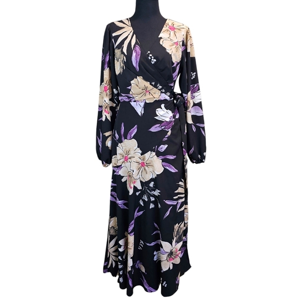 Anthropologie Hutch Dark Floral Wrap Front Maxi Dress M Romantic Feminine